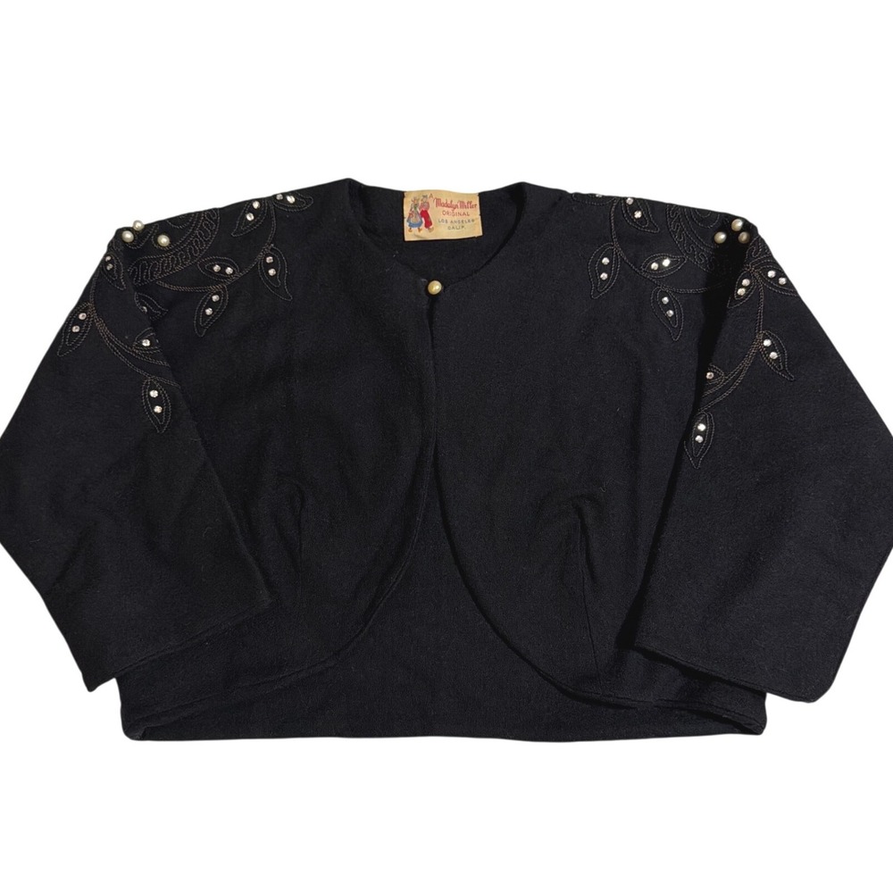 Madalyn Miller Bolero Shrug OS Black Vintage 1940s Beaded Pearl Wool Blend